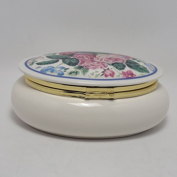 PS 1998 Vintage Floral Porcelain Ceramic Ova Trinket Box Music Jewelry Case - Picture 9 of 12